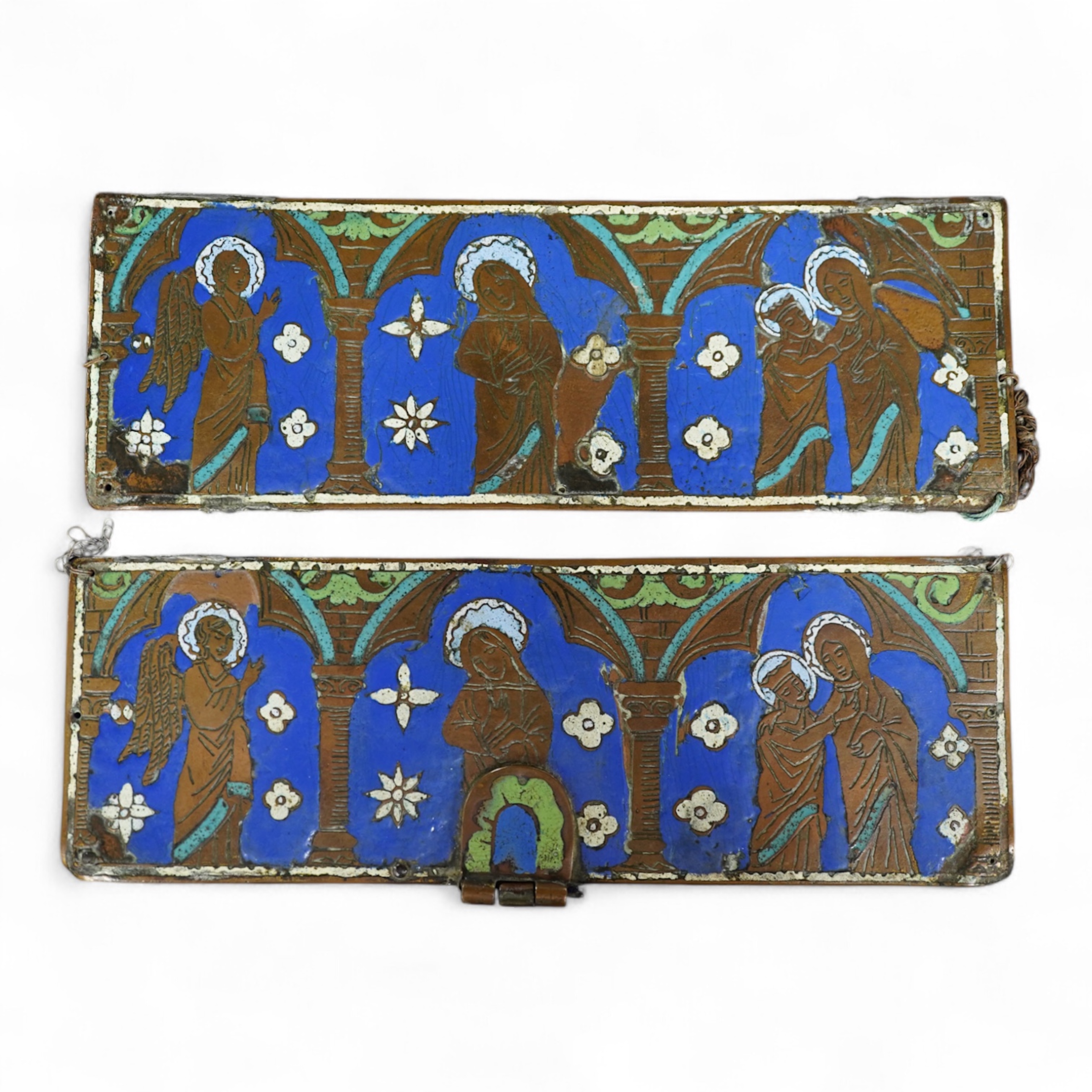 Two Limoges enamel and brass panels in medieval style, related Philips auction catalogue, 7.5 x 22cm